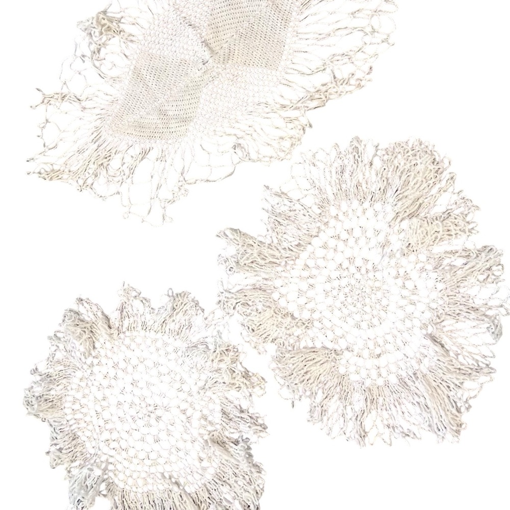 Vintage Crochet Doilies Long Fringe Set Of 3 Ivory Farmhouse Cottagecore Boho
